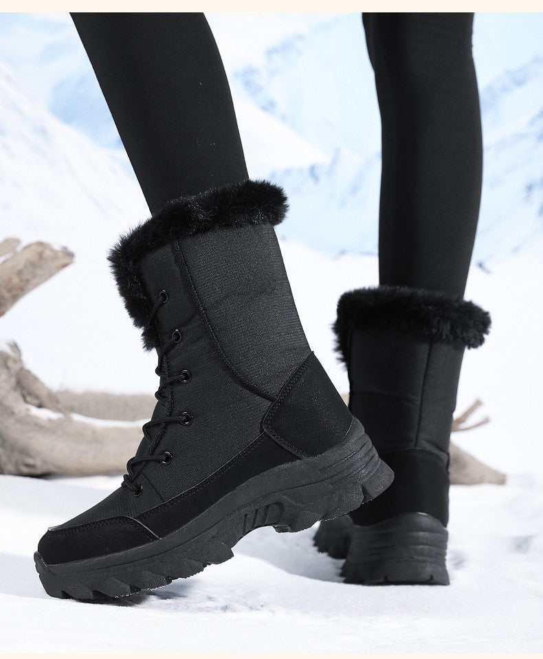 2025 Women's Snow Boots Beige Lace-up Waterproof Antiskid Female New Ankle Boots Walking Shoes plush Winter Warm Mid-Calf Boots