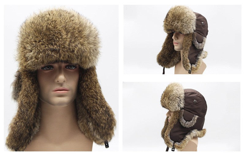 New Russia Winter Real fur Hat Men Outdoor Windproof Super Warm Real Rabbit Fur Bomber Hats Natural Soft Natural Rabbit Fur Caps