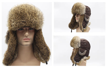 New Russia Winter Real fur Hat Men Outdoor Windproof Super Warm Real Rabbit Fur Bomber Hats Natural Soft Natural Rabbit Fur Caps