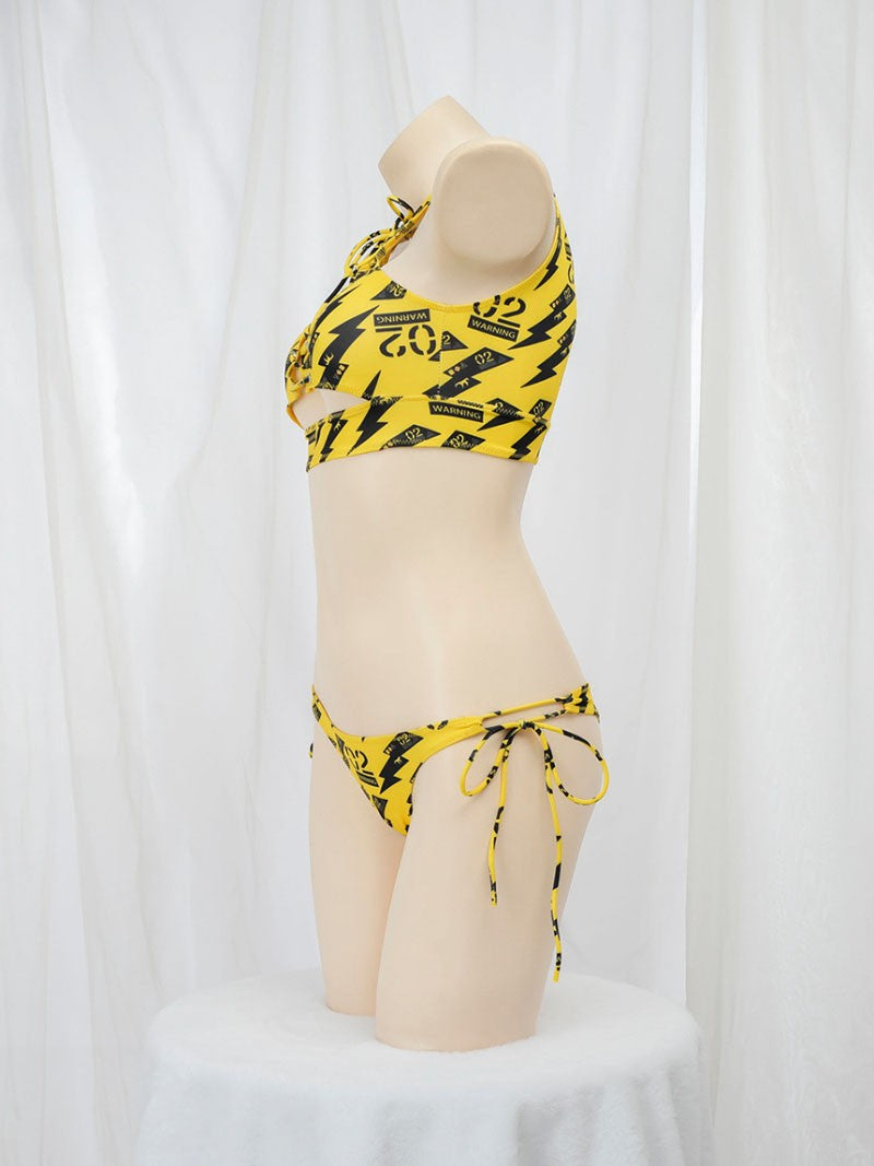 Anime Beach Girl Red Lip And Yellow Danger Warning Line Uniform Printing Bikini Swimsuit Underwear Women Outfits Cosplay Costume