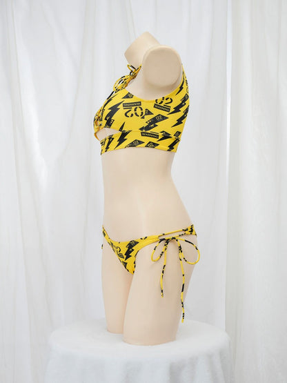 Anime Beach Girl Red Lip And Yellow Danger Warning Line Uniform Printing Bikini Swimsuit Underwear Women Outfits Cosplay Costume