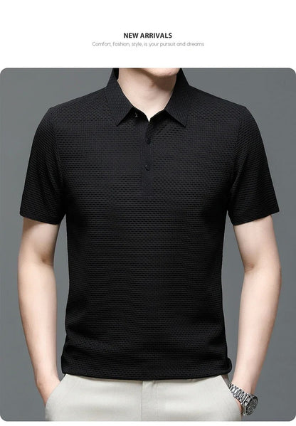 Summer New Men's Lop-up Hollow Short-sleeved Polo Tee Shirt Ice Silk Breathable Business Fashion T-Shirt Male Brand Clothes