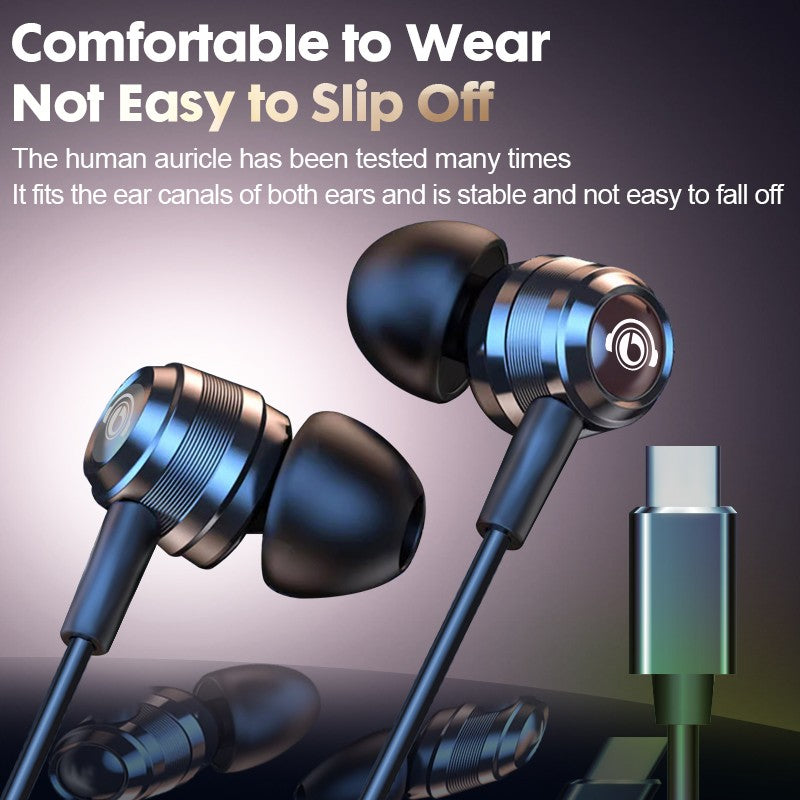 Fones de ouvido com fio J109, qualidade de som superior, fones de ouvido intra-auriculares com conector tipo C e 3,5 mm, fones de ouvido estéreo HiFi de metal com microfone