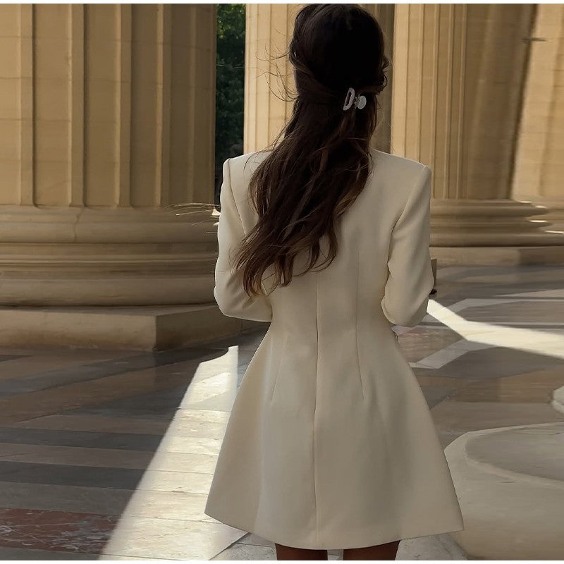 Fashion Solid Cinched-waist Mini Dress Women Elegant Lapel Full Sleeve V-neck A-line High Waist Dresses Lady Office Commute Gown