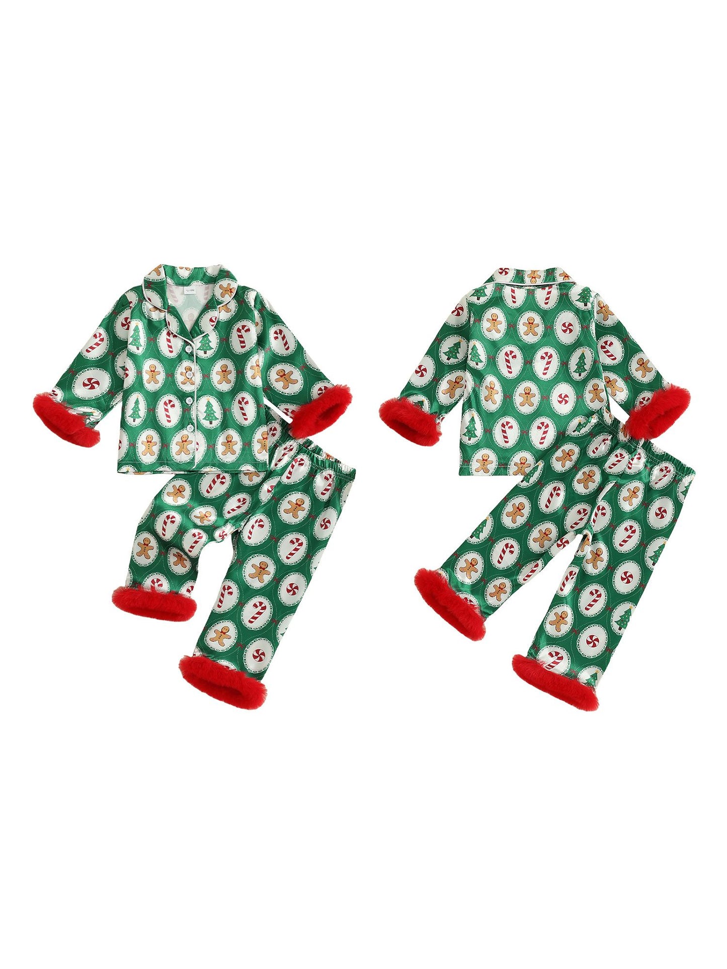 Girls Christmas Satin Pajama Set with Reindeer Print Lapel Long Sleeve Button Down Top and Matching Pants Sleepwear