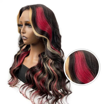 Peruca frontal de renda 13X6 preta com destaque loiro vermelho peruca sintética 13x4 pré-selecionada com linha do cabelo peruca frontal de renda feminina