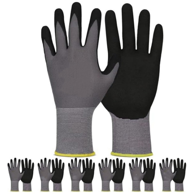6 Pares de Luvas de Segurança para Trabalho Revestidas com Nitrilo, Luvas Tricotadas Sem Costura 15G com Aderência de Microespuma para Homens, Construção, Indústria, Pintura