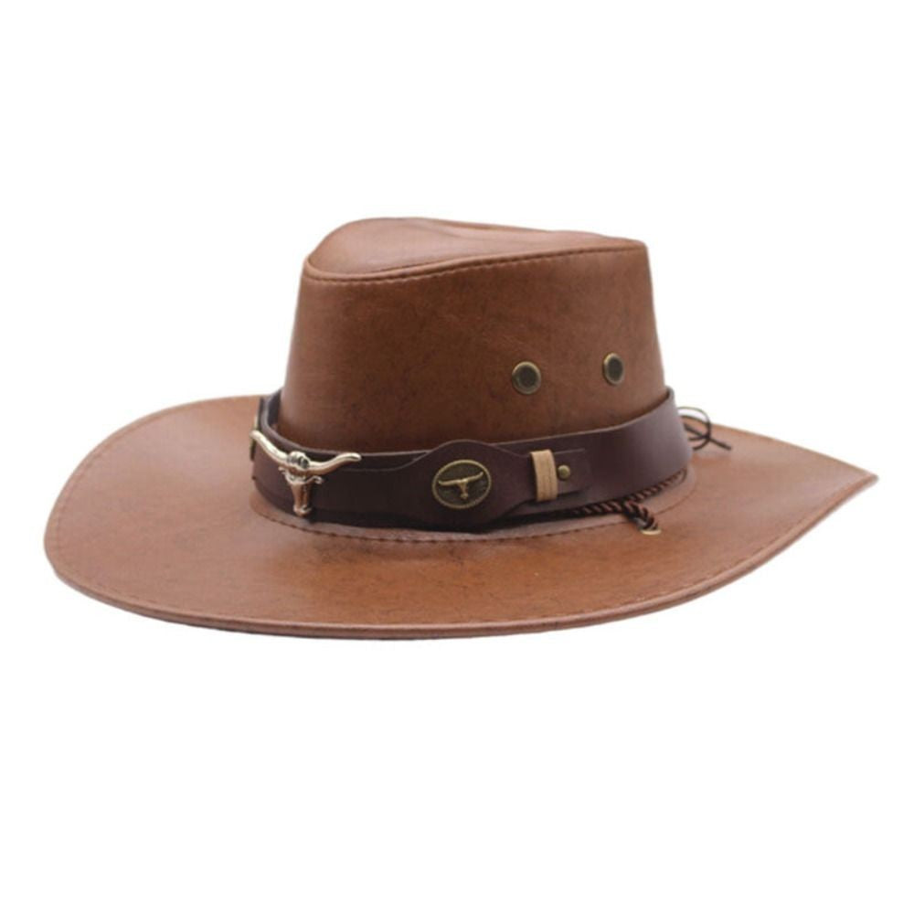 Simple PU Leather Western Cowboy Hat Big Brim Drawstring Sunscrean Bucket Cap Outdoor Travel Hat Hiking Hat Fisherman Hat Travel