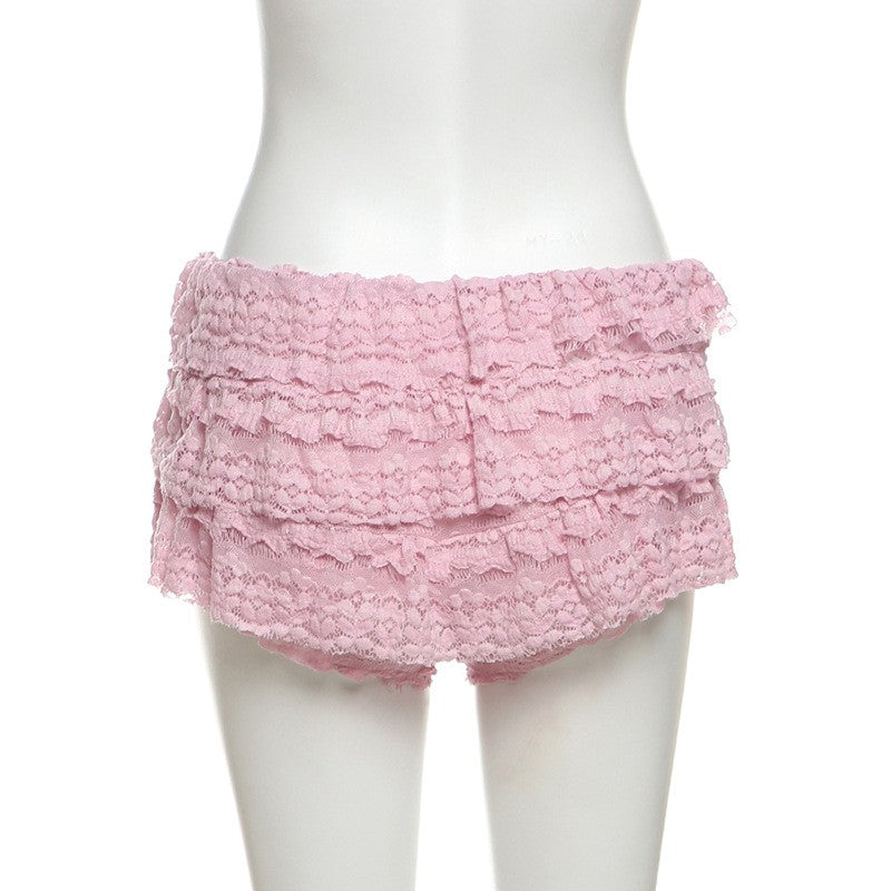 2025 New Fashion Sweet Temperament Solid Color Lace Spice Girl Pleated Low Waist Navel Shorts Femininity Sexy