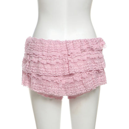 2025 New Fashion Sweet Temperament Solid Color Lace Spice Girl Pleated Low Waist Navel Shorts Femininity Sexy