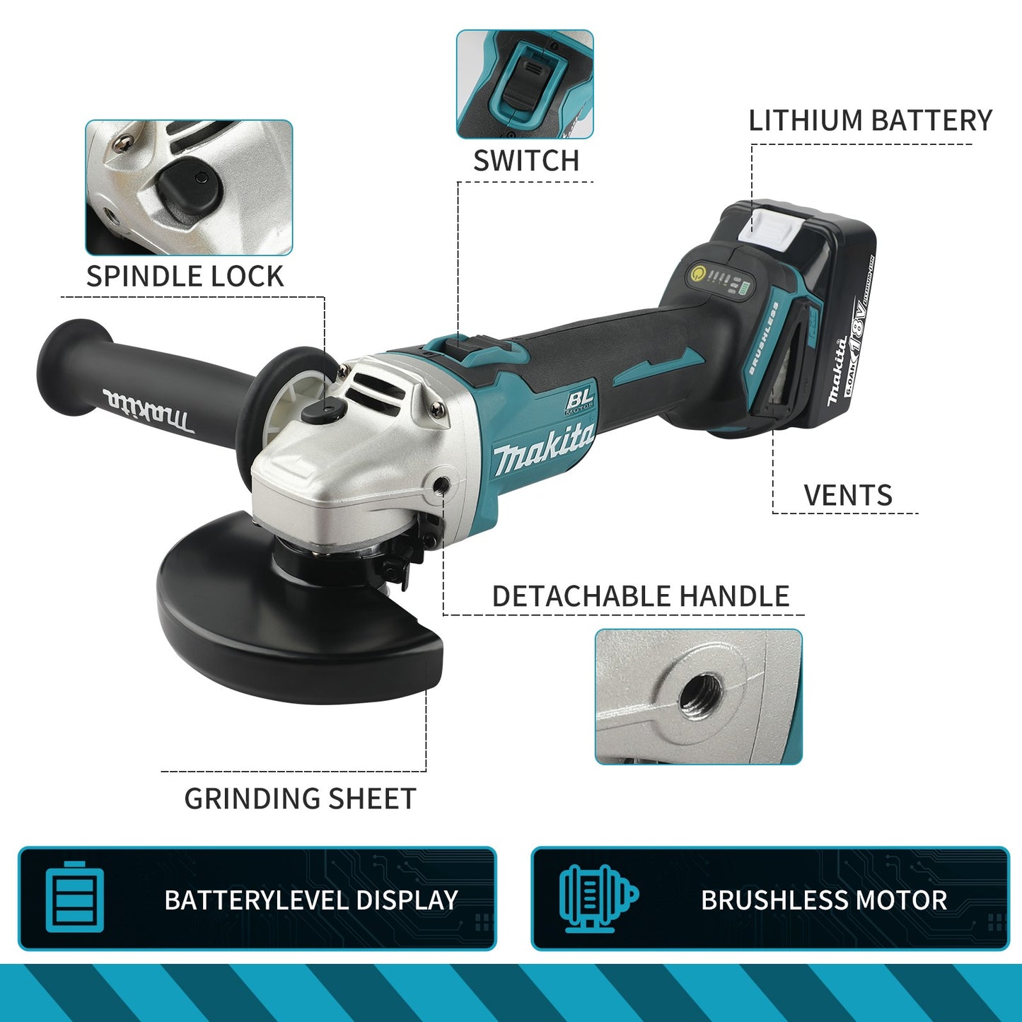 Makita DGA506 18V 125mm Esmerilhadeira Angular a Bateria Politriz Elétrica Sem Fio Lixadeira de Metal e Máquina de Corte