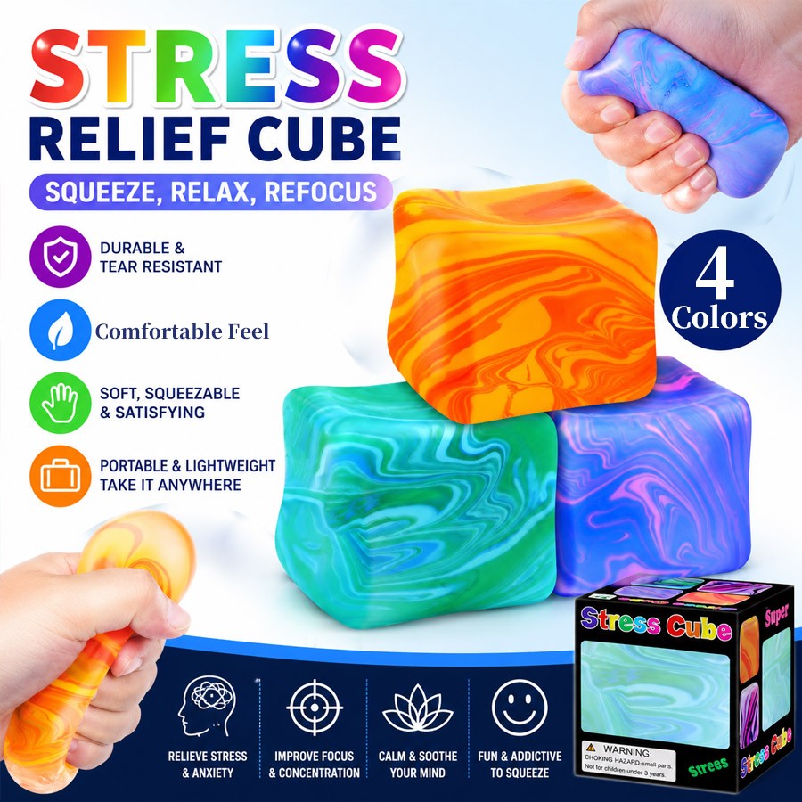 Soft Slow Rebound Stress Cube Color Swirl Rotating Sensory Squeeze Toy Anxiety Relief Fidget Toy Classroom Prize for Kids Adults