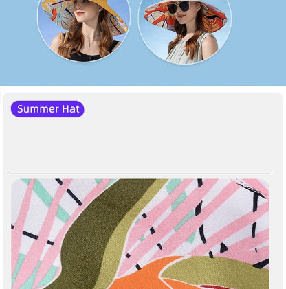 Chapéu Feminino de Verão Dupla Face com Aba Larga Proteção Solar Flor Praia Elegante Ao Ar Livre Protetor Solar Atacado Novo