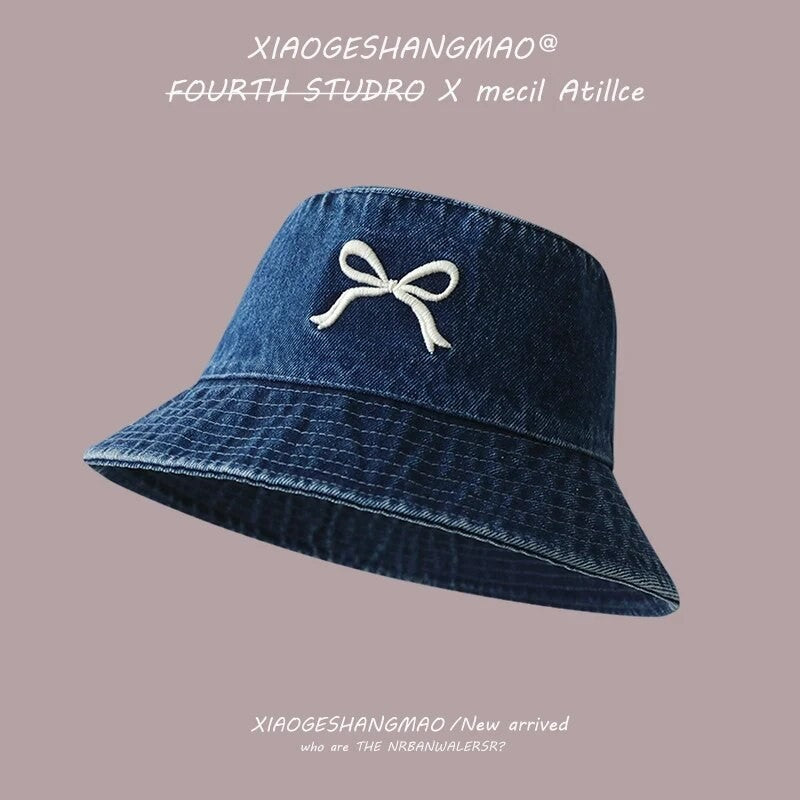A Fisherman's Hat Three-Dimensional Embroidery Bow Travel Shopping Washed Denim Basin Hat