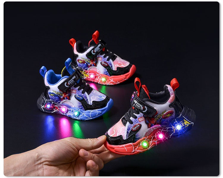 Boys Spiderman Sneakers Disney LED Children's Sport Shoes Fashion Anti-slip Kids Outdoor Shoes Student Design Pu Leather Shoes