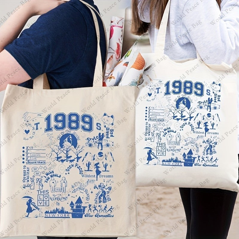 1pc 1989 pattern Canvas Shopping Bag, TS Merch Portable Shoulder Bag, taylor's version Trendy Tote Bag For Daily Life