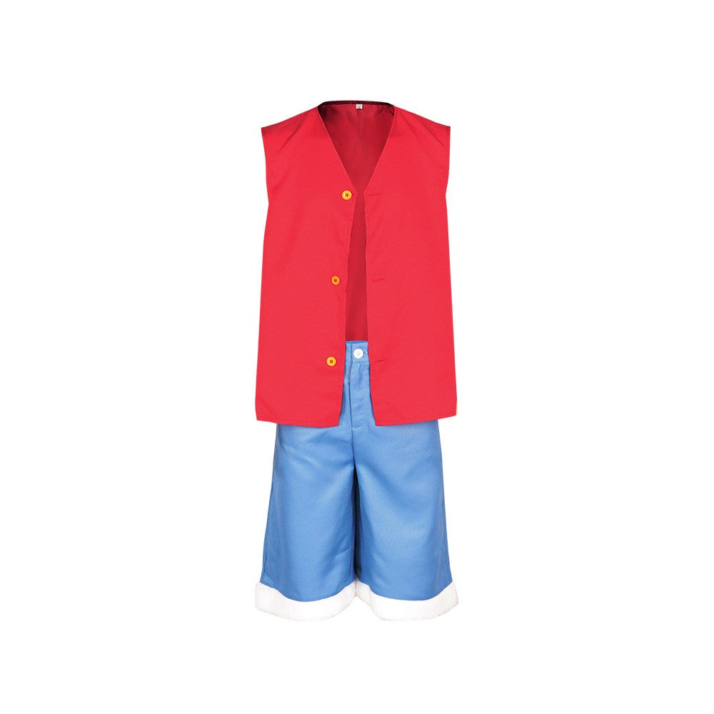 LUFEI cosplay costume set, pirate style red vest+blue shorts+straw hat, anime enthusiast cosplay event full outfit