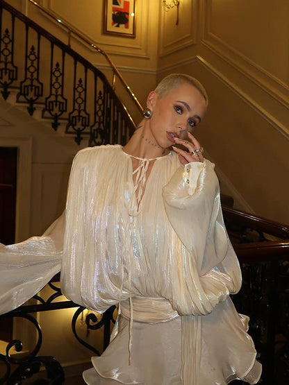 Elegant Ruffles Shiny Mini Dresses Fashion Solid Long Sleeve Lace Up V Neck Plea