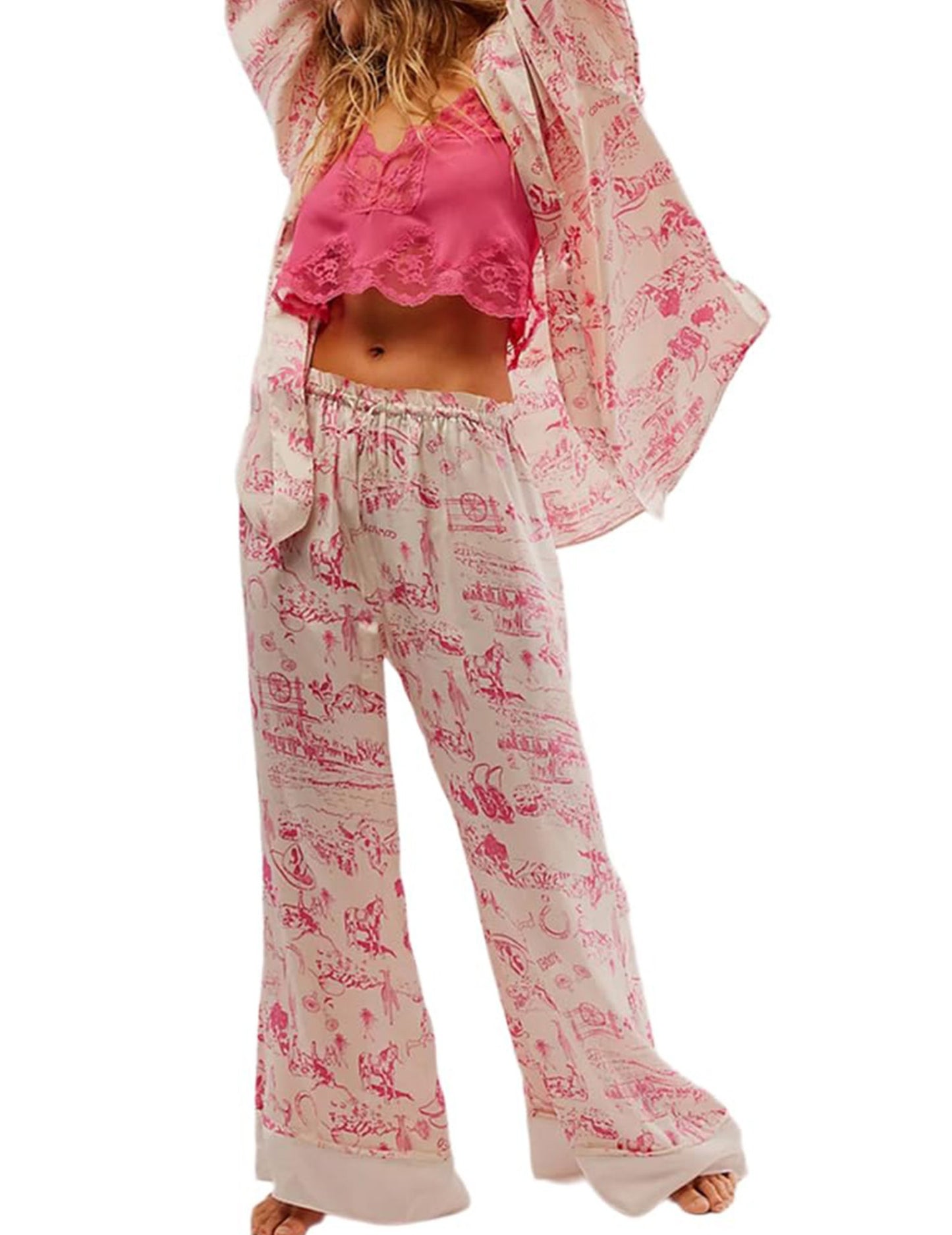 Women Satin Pajamas Set 2 Piece Western Cowgirl Silk Pjs Wide Leg Pants Button Down Loungewear