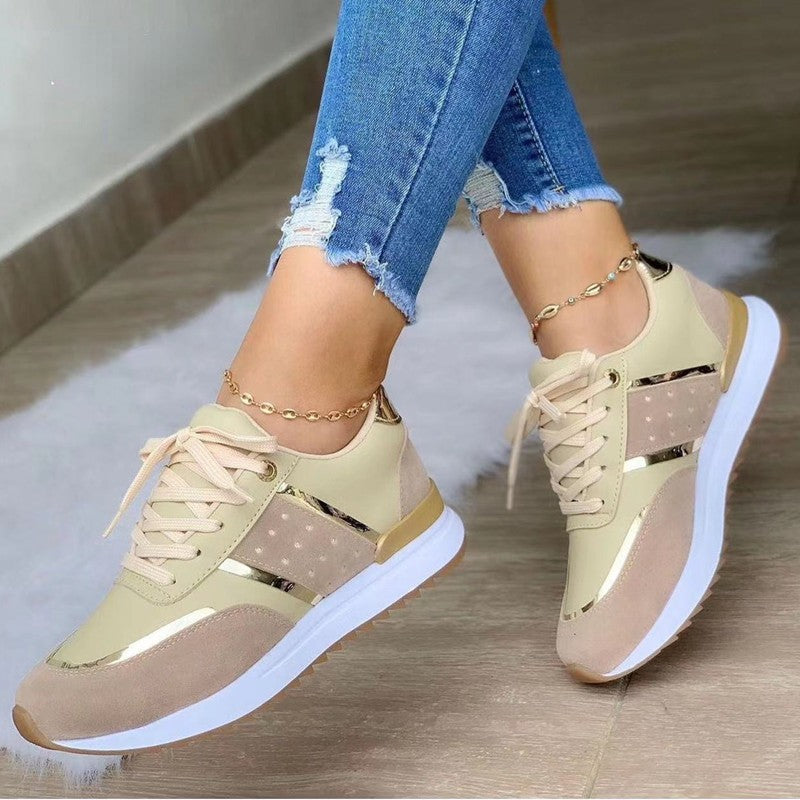 Tênis Feminino Plataforma Patchwork Couro Casual Esportivo Sapatilhas para Mulher