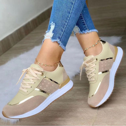 Tênis Feminino Plataforma Patchwork Couro Casual Esportivo Sapatilhas para Mulher