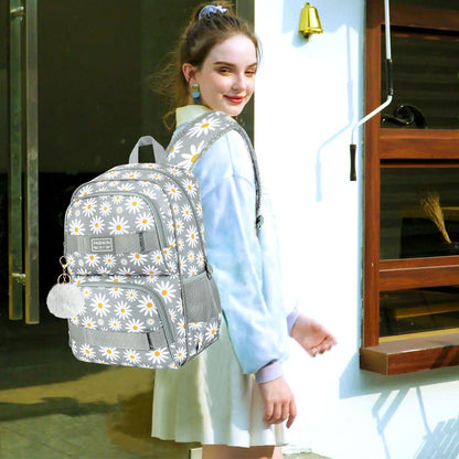 3PCS Daisy Girls Backpack, 17 Inch Laptop School Bookbag Teen College Water Resistant Kids Backpacks with Lunch Box Set - Grey
