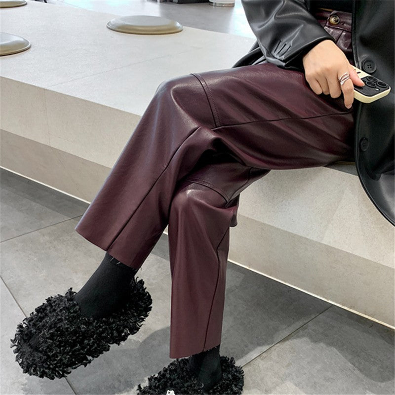 Autumn Winter PU Leather Vintage Women's Ankle Length Pants 2024 New High Waist Zipper Black Straight Pants Female Pockets