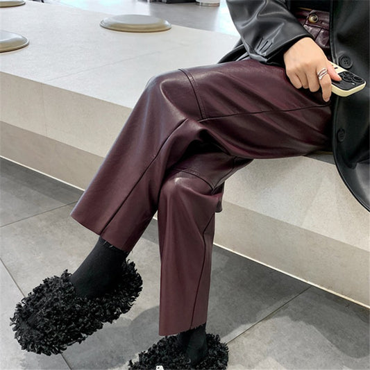 Autumn Winter PU Leather Vintage Women's Ankle Length Pants 2024 New High Waist Zipper Black Straight Pants Female Pockets