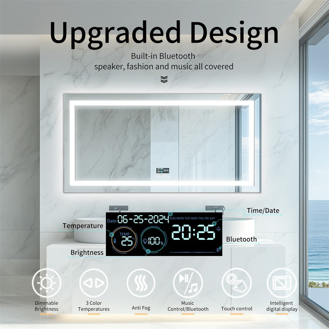 LUVODI Large Illuminated Bluetooth Bathroom Mirror Rectangle Anti-fog LED Bathroom Vanity Mirror with Bluetooth Speaker 3 Color