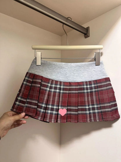 American Retro Spicy Girl Plaid Half Skirt Women Summer New Embroidery Patchwork Fashion High Waist Pleated Short Skirt