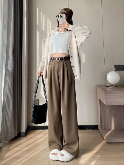 High Quality Woolen Wide Leg Pants Women Streetwear Belt Baggy Black Suit Pants Winter Korean Fashion Casual Straight Trousers