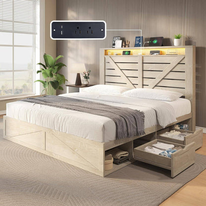 Farmhouse Bed Frame with 4 Drawers & 4 Open Storage Space, Queen Size Storage Bed with LED Light & Charging Station, Woo