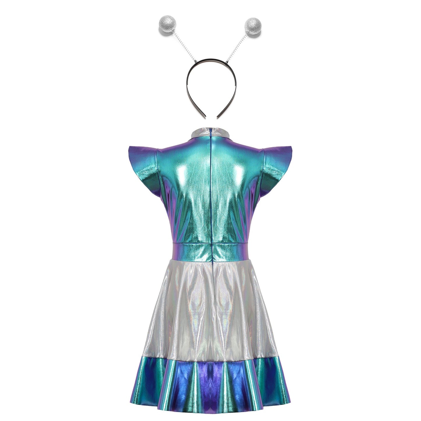 Kids Alien Cosplay Costume Outfits Boys Girls Metallic Shiny Alien Jumpsuit Halloween Full Length Bodysuit with Hair Hoop Suit