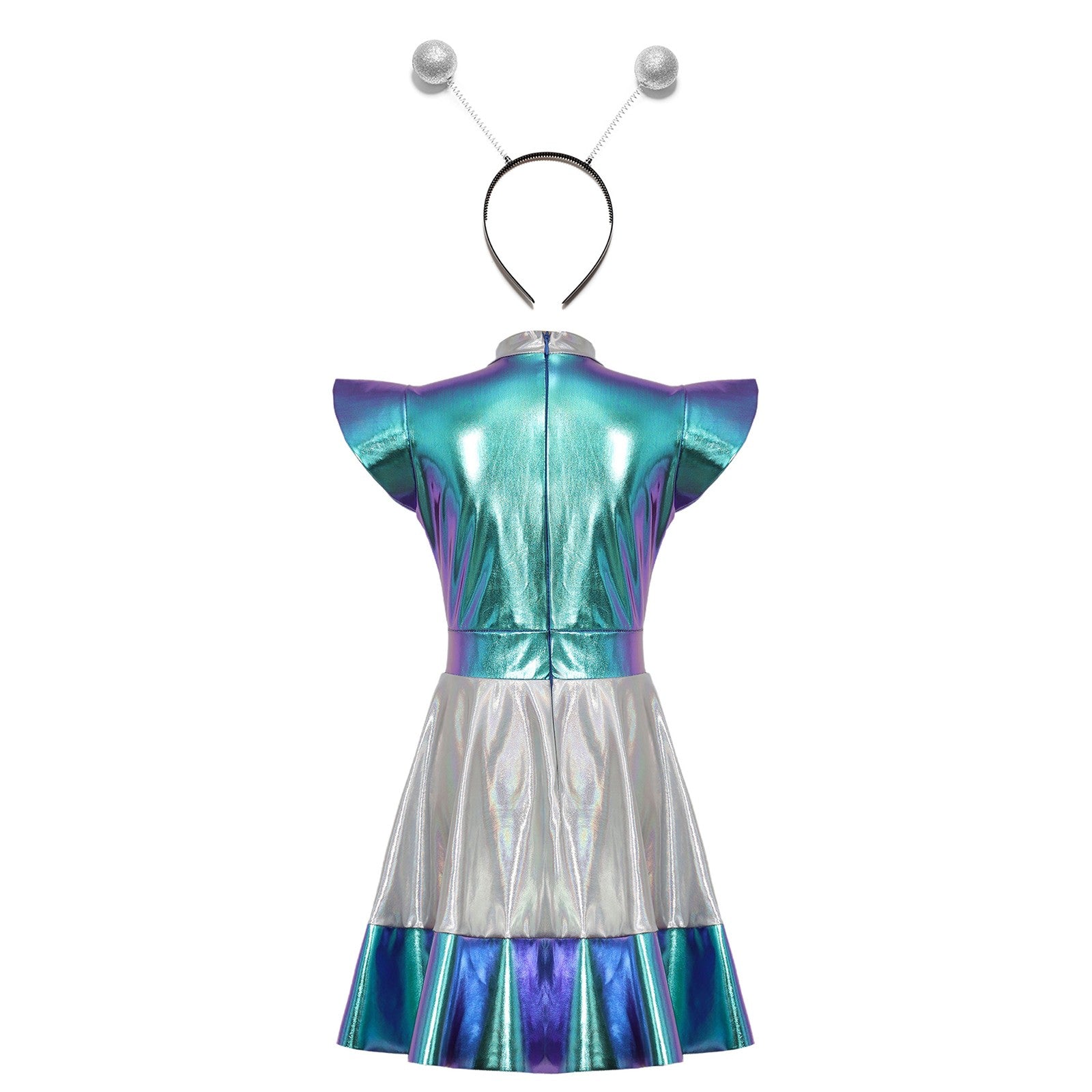 Kids Alien Cosplay Costume Outfits Boys Girls Metallic Shiny Alien Jumpsuit Halloween Full Length Bodysuit with Hair Hoop Suit