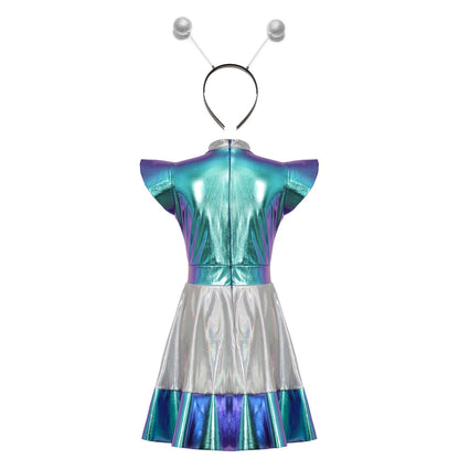 Kids Alien Cosplay Costume Outfits Boys Girls Metallic Shiny Alien Jumpsuit Halloween Full Length Bodysuit with Hair Hoop Suit