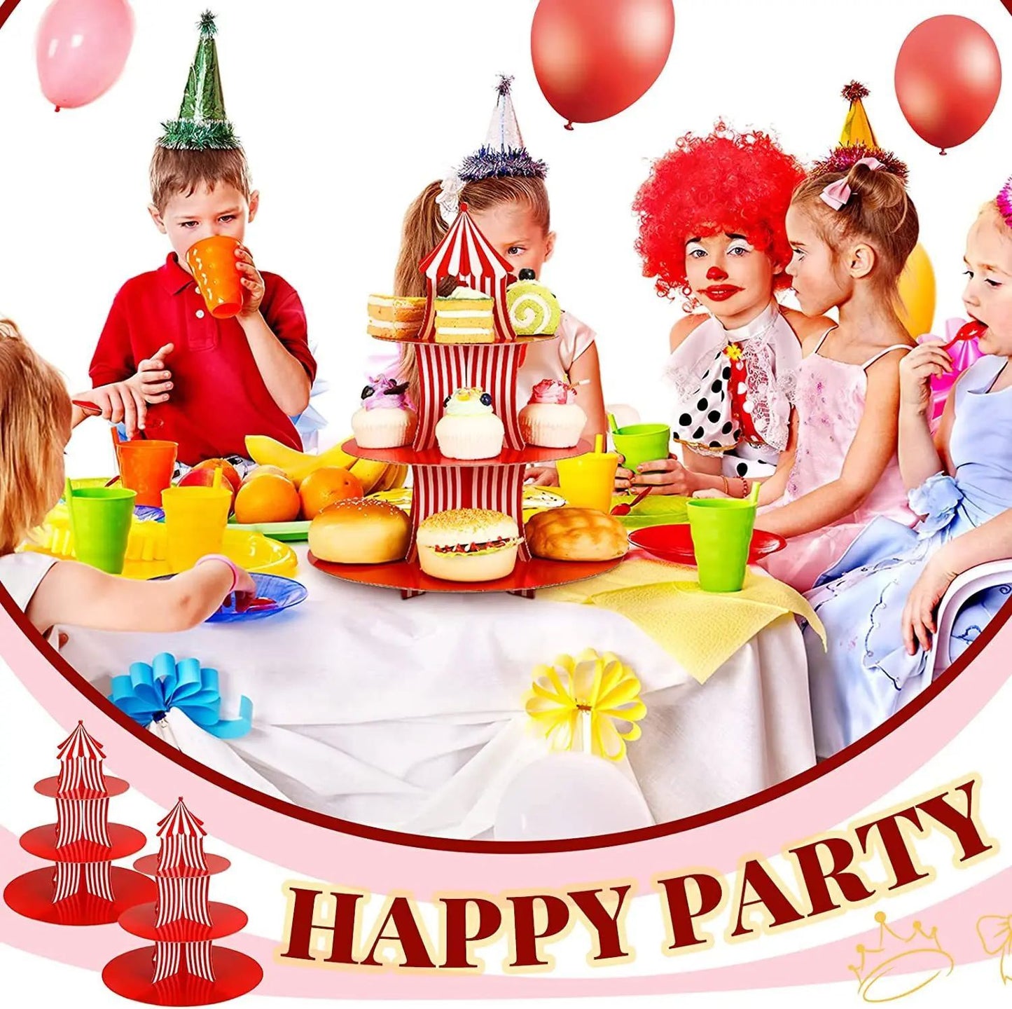 1Set 3 Tier Circus Carnival Paper Cupcake Stand Red Striped Cake Decorating Supplies Dessert Cupcake Stand