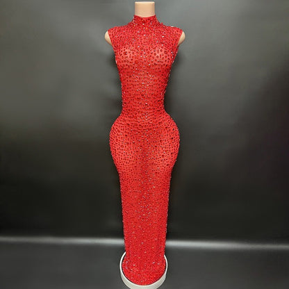 Sexy Full Drill Elastic Slim Fit Sleeveless Long Dress - Hip Wrap, For Host Stage Catwalk & Engagement Evening High-Slit Dresses