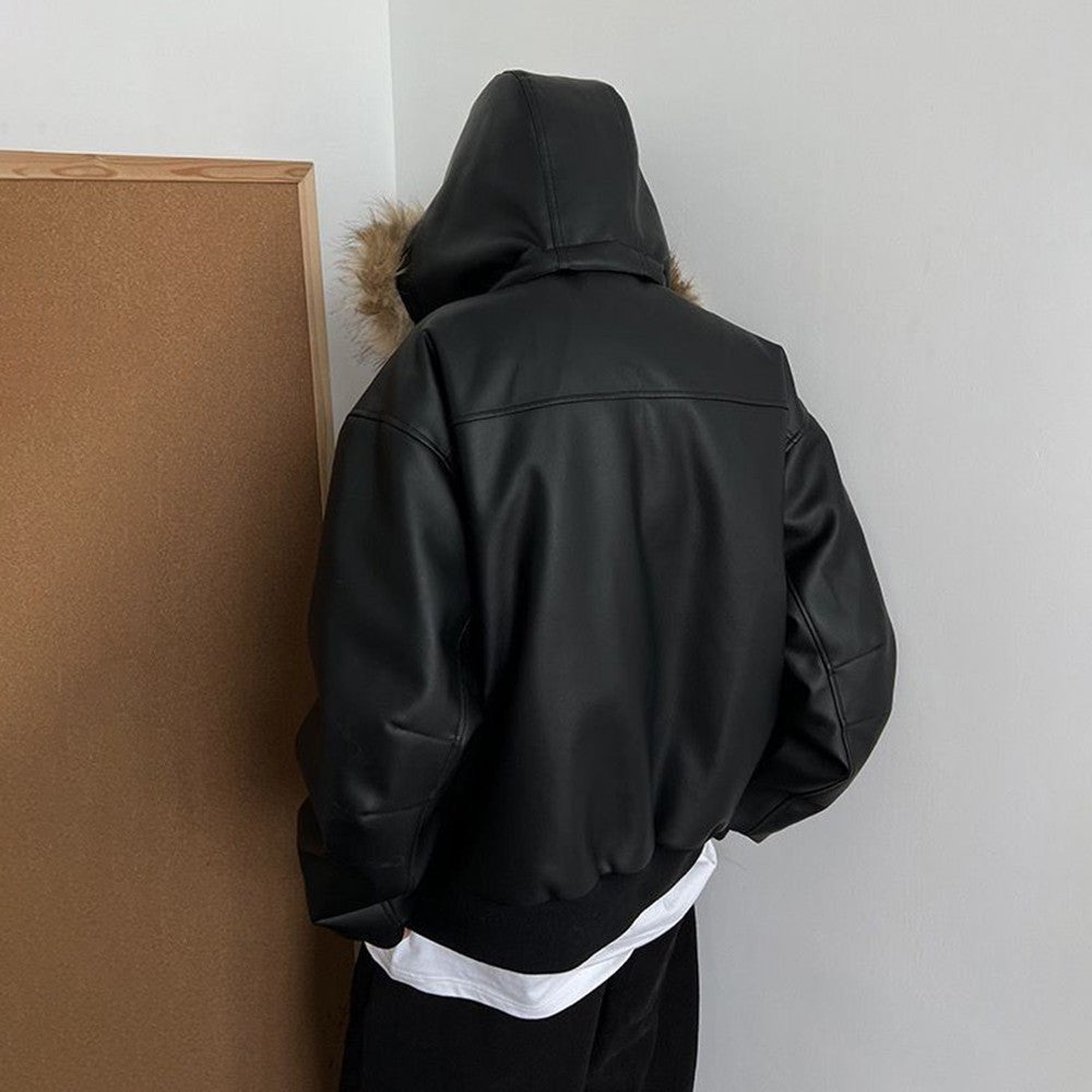 Winter American retro fashion brand handsome all-match warm detachable hat heavy PU leather cotton coat thickened jacket for men