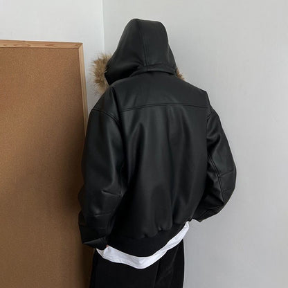 Winter American retro fashion brand handsome all-match warm detachable hat heavy PU leather cotton coat thickened jacket for men