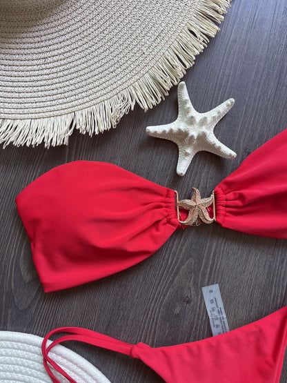 Para Praia 2025 Sexy Push Up Bikini Women Swimwear Metal Starfish Bandeau Thong Bikini Brazilian Swimsuit Female Bathing Suit