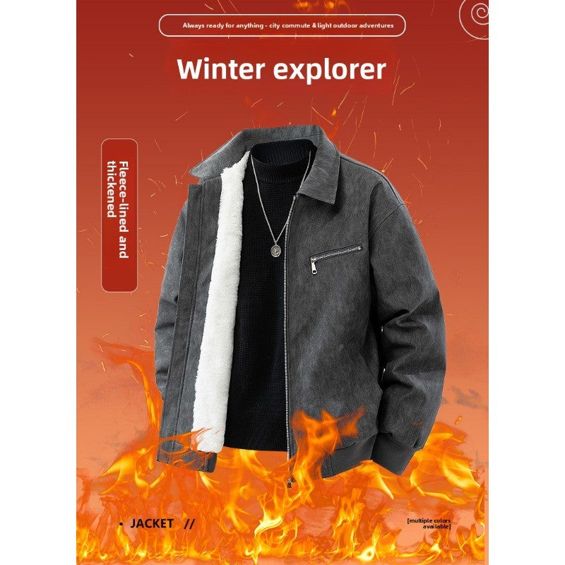 Jaqueta de Couro PU Masculina de Inverno, Grossa e Quente, Estilo Retrô, Gola Lapela, Casual, para Pesca ao Ar Livre, Tamanho Grande