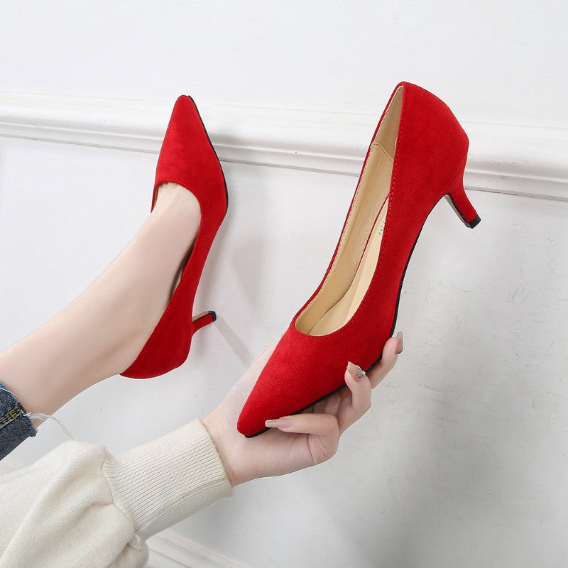 European American Fashionable Pointed High Heels Women With Rhinestone Bows Shallow Mouth Mid-Heeled Single Shoes Silk Satin