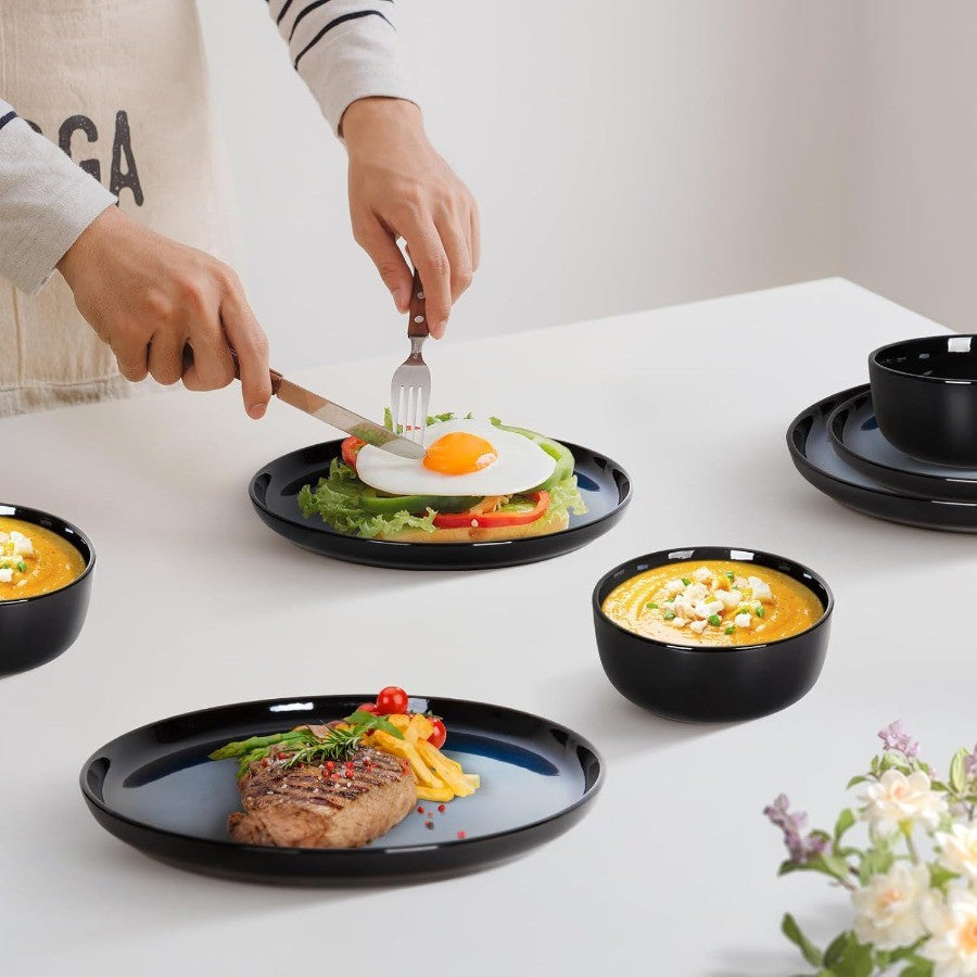 Ceramic 18Pcs Dinnerware SetsStoneware Plates and Bowls Set for 6 Chip and Scratch Resistant Dish Set Handmade Reactive Glaze O