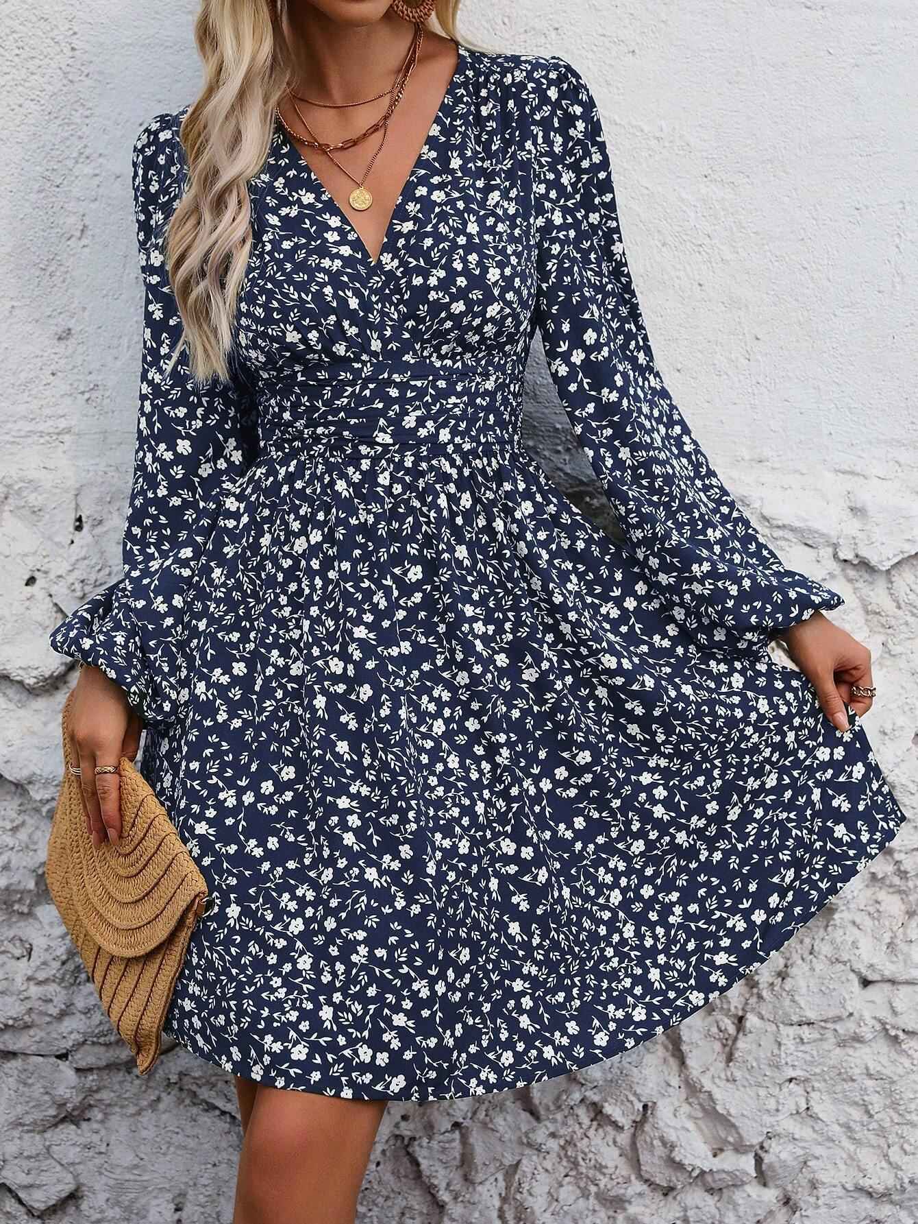 Dresses 2025 Woman Clothing V Neck Lantern Sleeve Wrap Mini Dress Ruched Waist Flowy Hem Elegant for Autumn and Party Styles ?