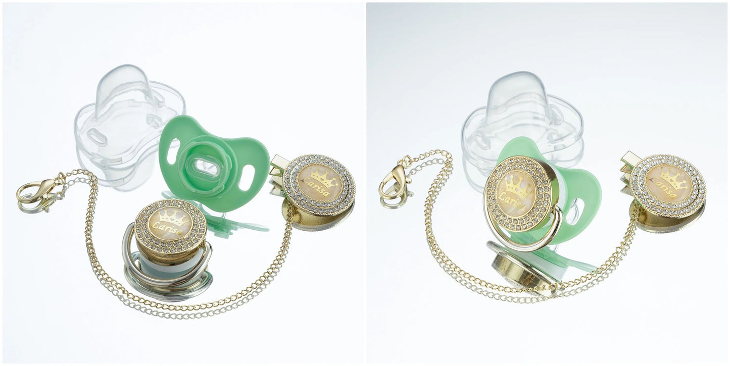 Miyocar Bling Custom Pink Brave Lion Pacifiers Bring 3 Replacement Silicone Teat Include All Size for Boy Girl Baby Shower Gift