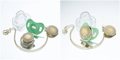 Miyocar Bling Custom Pink Brave Lion Pacifiers Bring 3 Replacement Silicone Teat Include All Size for Boy Girl Baby Shower Gift