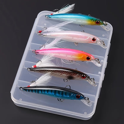 5pcs/set 9cm/6.5g Bionic Minnow Lure, Artificial Hard Bait With Feathered Sharp Hook, Outdoor Fishing Tackle