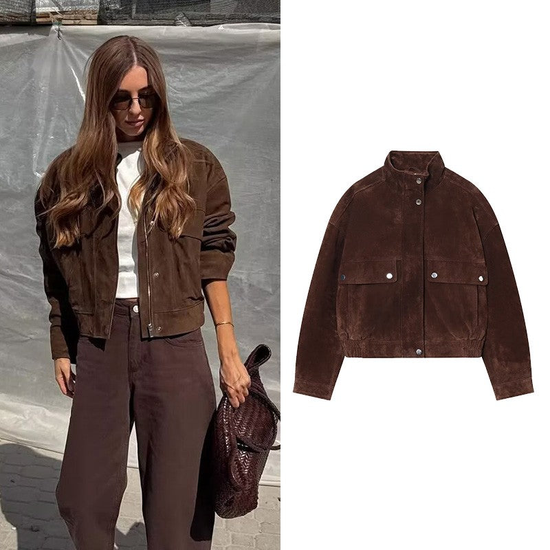 NERHEFZ Women Autumn Jacket with Pockets High Collar Long Sleeve Button Suede Leather Women's Jacket Lady Coats Female Chic Tops