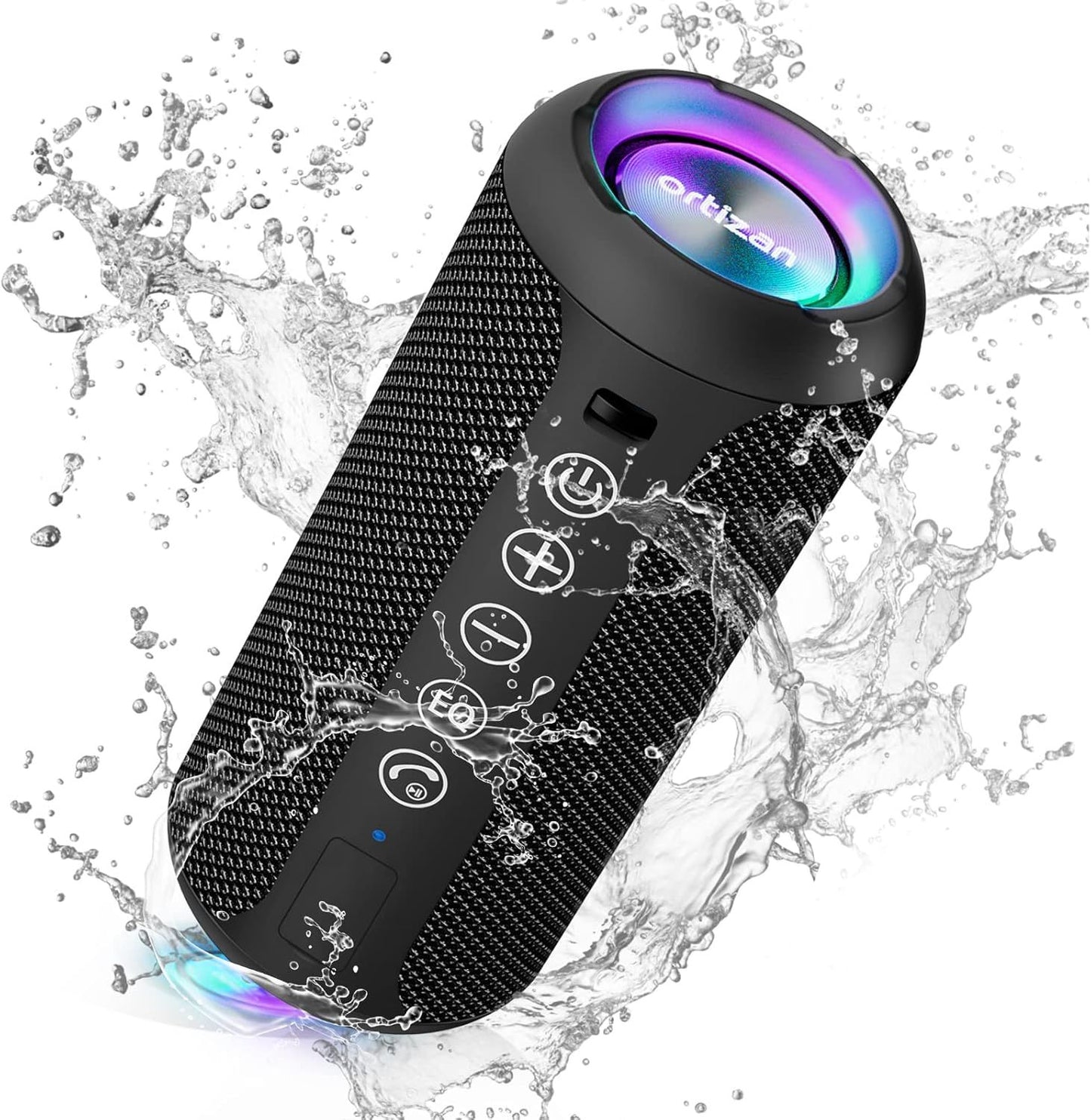 Caixa de Som Portátil Sem Fio Bluetooth 5.3 Ortizan, Graves Potentes, Luzes RGB, À Prova d'Água IPX7, TWS, Entrada AUX e Cartão TF, Ideias para Presente