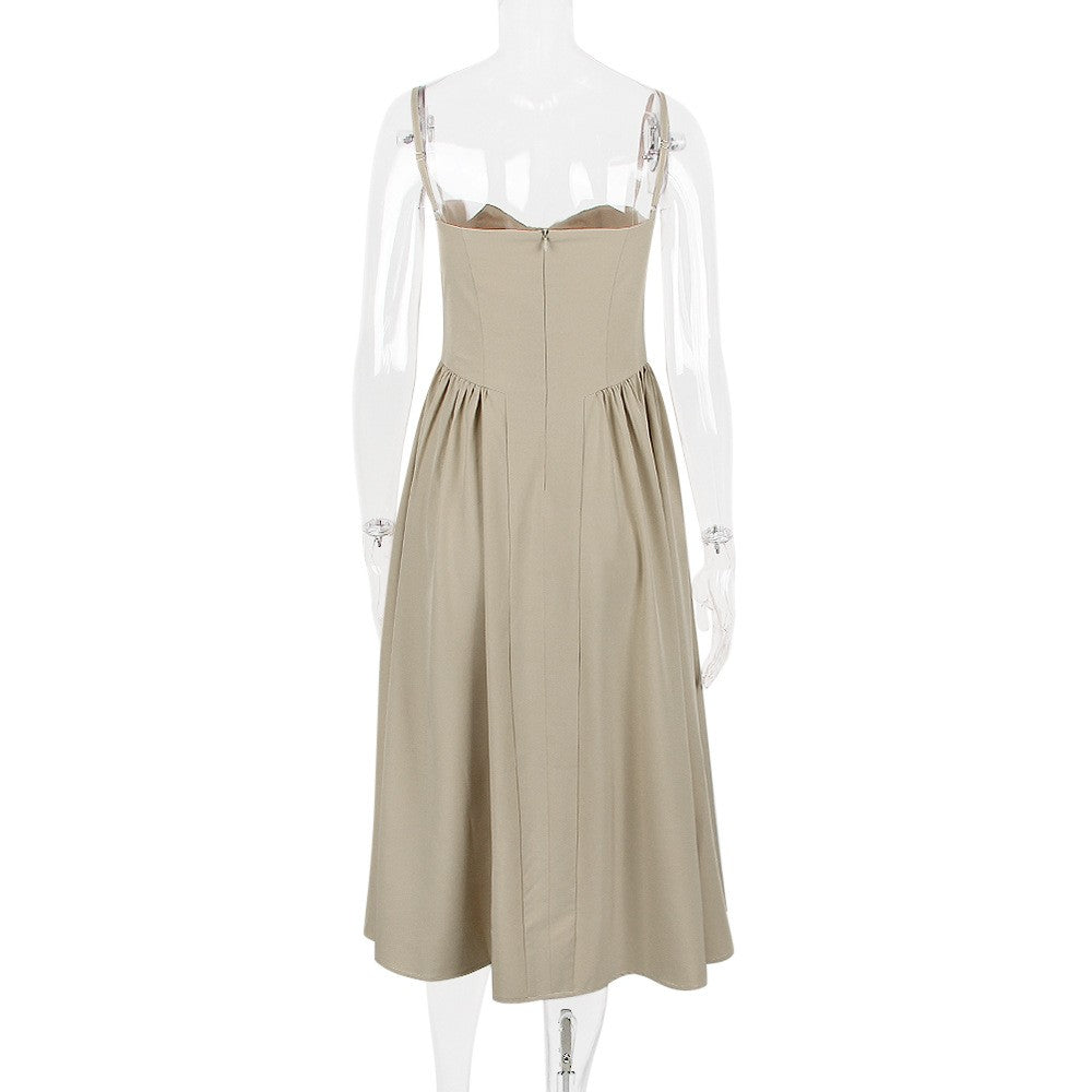 Summer Women Elegant Sleeveless Backless Pleated Dresses Lady Sexy Solid Sling M